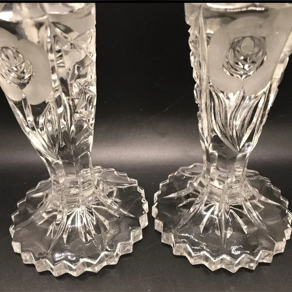 Pair of Queen’s Award Frosted Rose Cut  Lead Crystal Candlesticks By L.  Silver